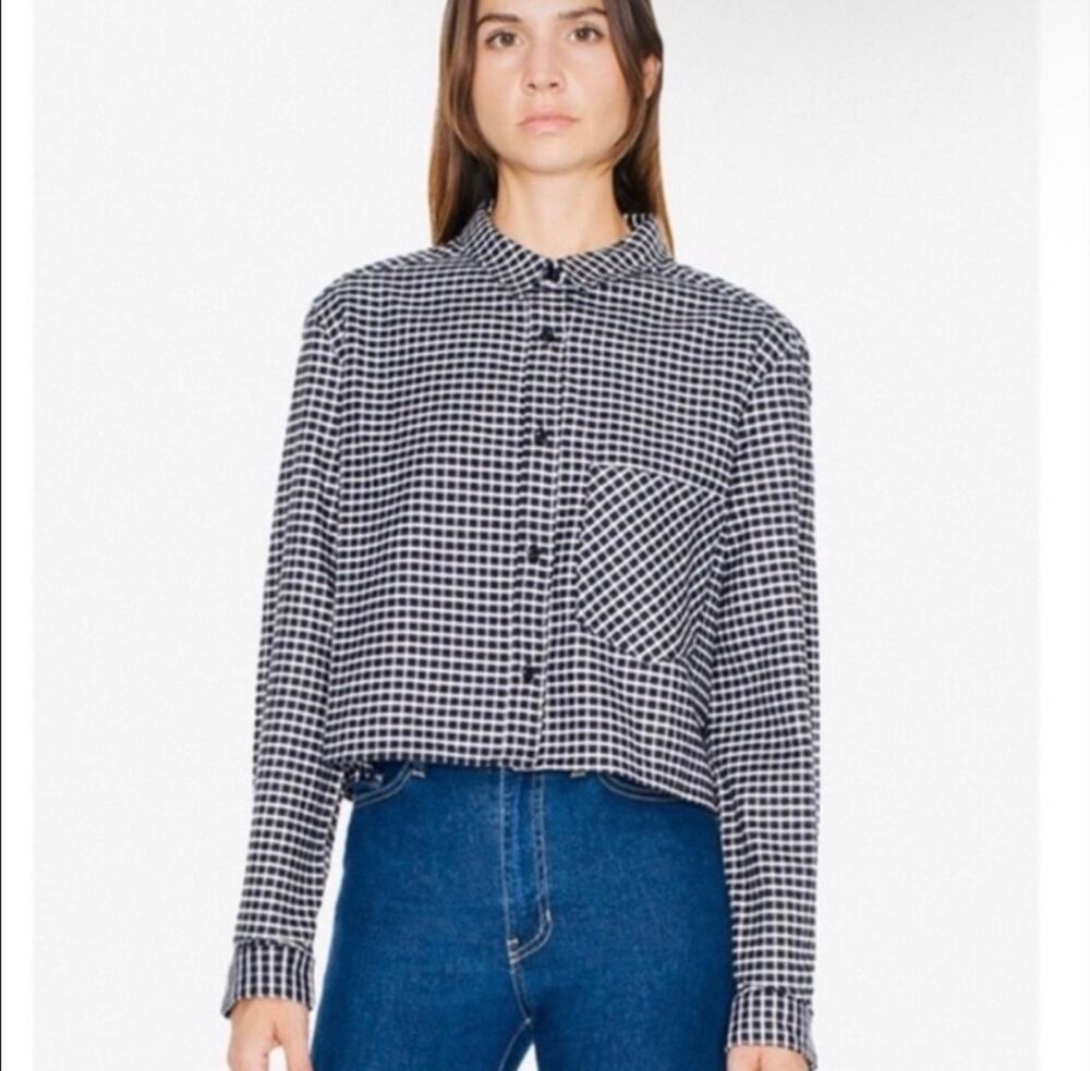 American Apparel Cropped Gingham Flannel Black & White Small Made In USA Grunge